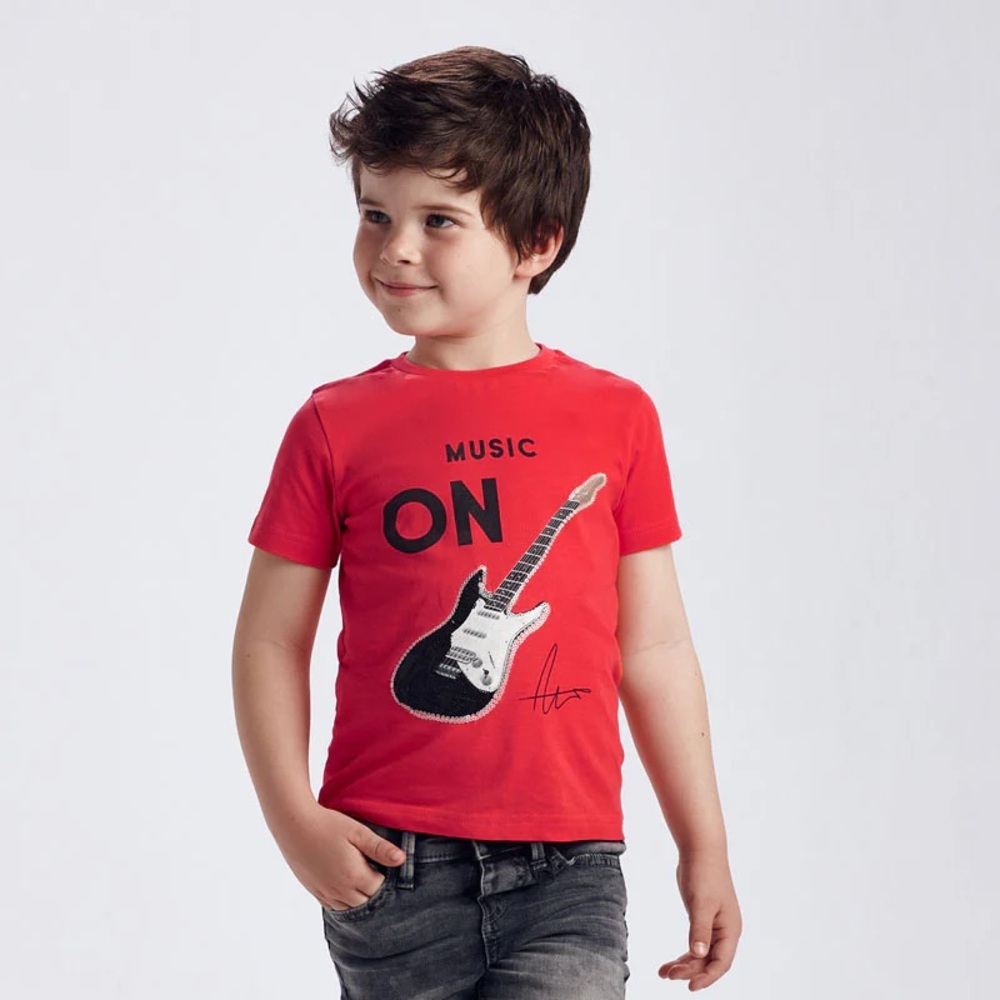 Size 3 Boys Mayoral Red Short Sleeve Tee with Guitar Sequin Accent